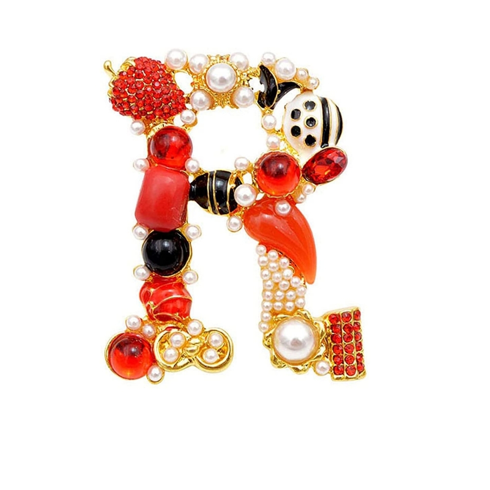 Handmade Gold Plated Crystal and Pearl Initial 'R'  Letter Alphabet Brooch Pin